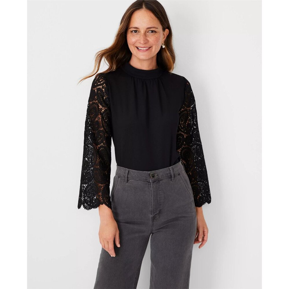 Ann Taylor Women's Lace Sleeve Mock Neck Black Formal Career Shirt Size Small